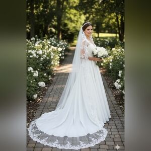 Elegant White 104 Inches Cathedral Lace Wedding Dress